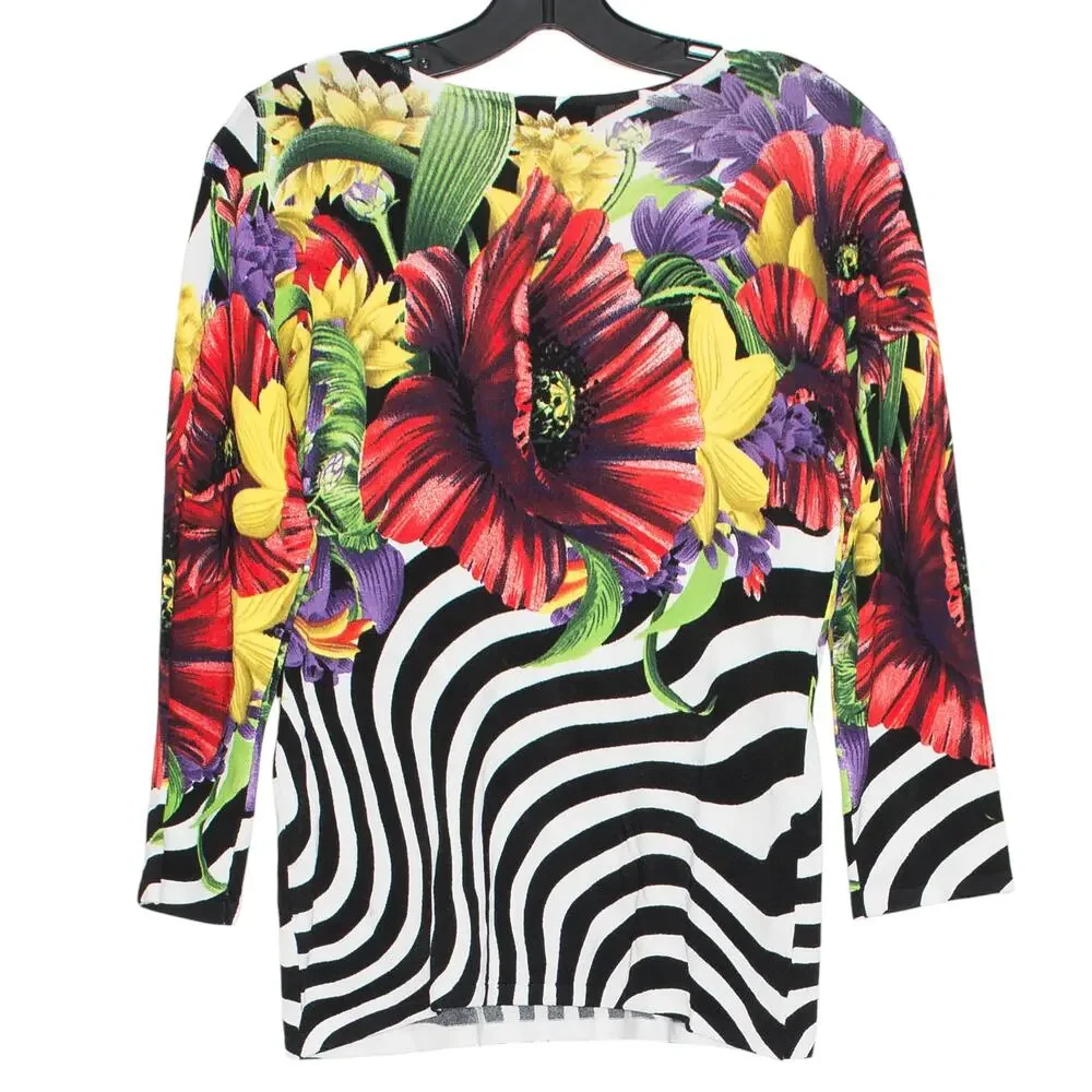 Peck & Peck Top 3/4 Sleeve Slinky Y2K Retro Statement Boho Floral Stripe Large - Picture 2 of 6